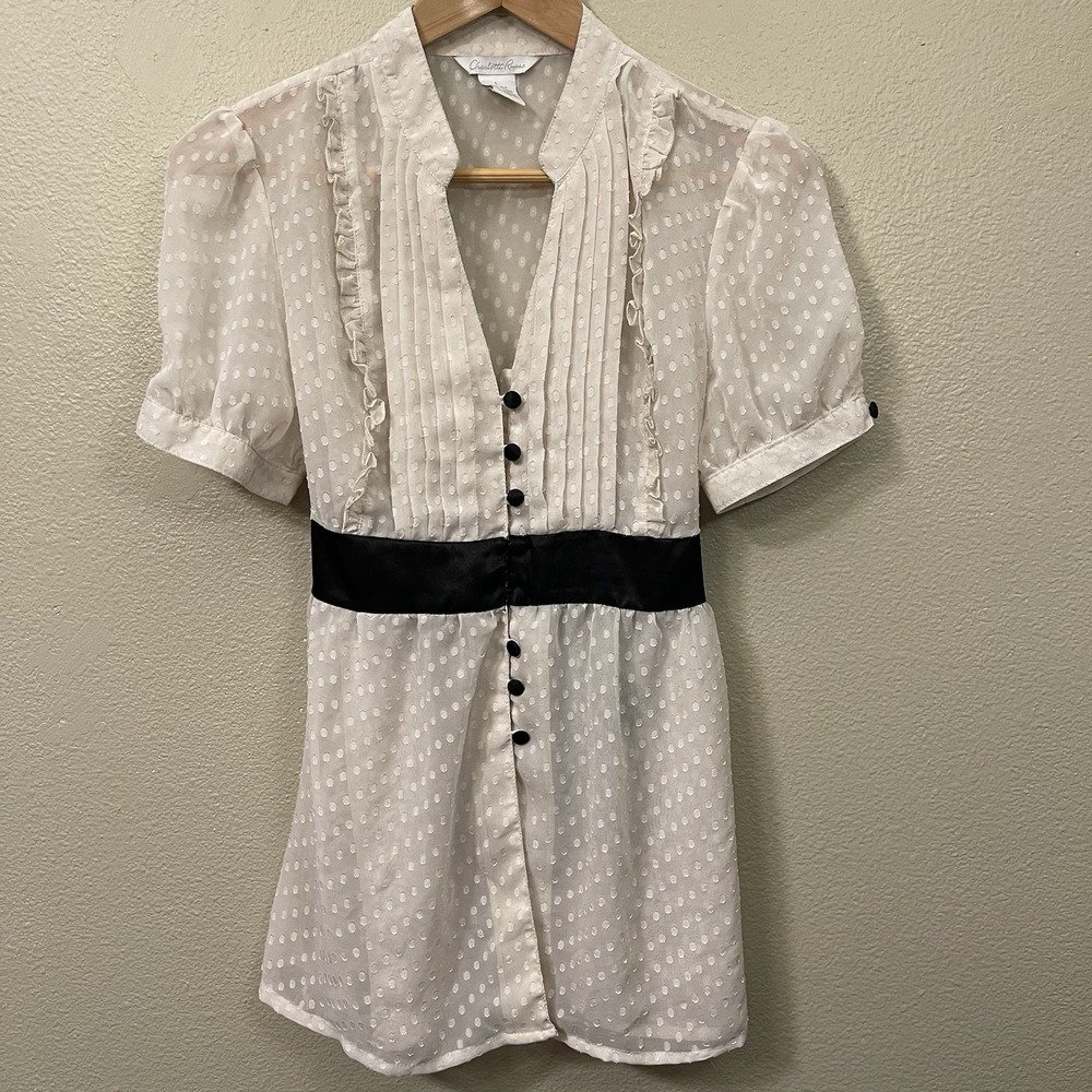 VTG Y2K Charlotte Russe Sheer Silk Babydoll Puff Sleeves Tie Back Buttons Sz L